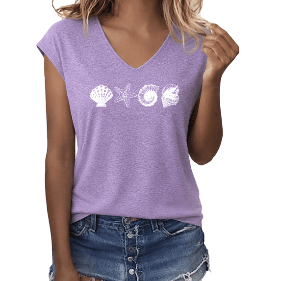 UNISHE Women's Minimalist Seashell Starfish Graphic V-Neck Short Sleeve Casual Lightweight Summer Beach Ocean Lover Vacation T-Shirt Top