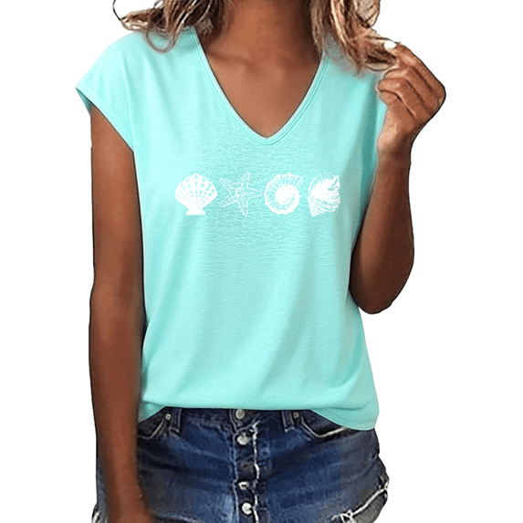 UNISHE Women's Minimalist Seashell Starfish Graphic V-Neck Short Sleeve Casual Lightweight Summer Beach Ocean Lover Vacation T-Shirt Top