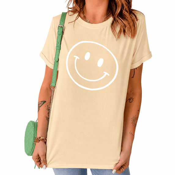 UNISHE Women's Minimalist Smiley Graphic Short Sleeve T-Shirts Apricot Bold Contrast Tops