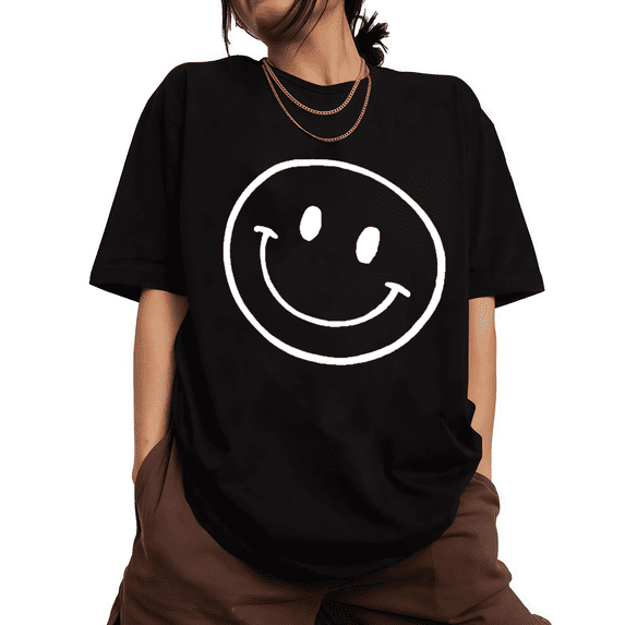 UNISHE Women's Minimalist Smiley Graphic Short Sleeve T-Shirts Black Bold Contrast Tops