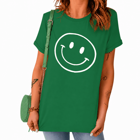 UNISHE Women's Minimalist Smiley Graphic Short Sleeve T-Shirts Green Bold Contrast Tops