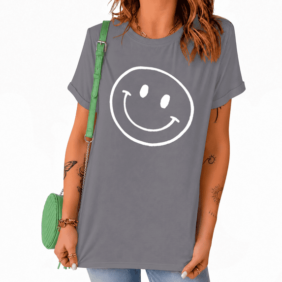 UNISHE Women's Minimalist Smiley Graphic Short Sleeve T-Shirts Grey Bold Contrast Tops