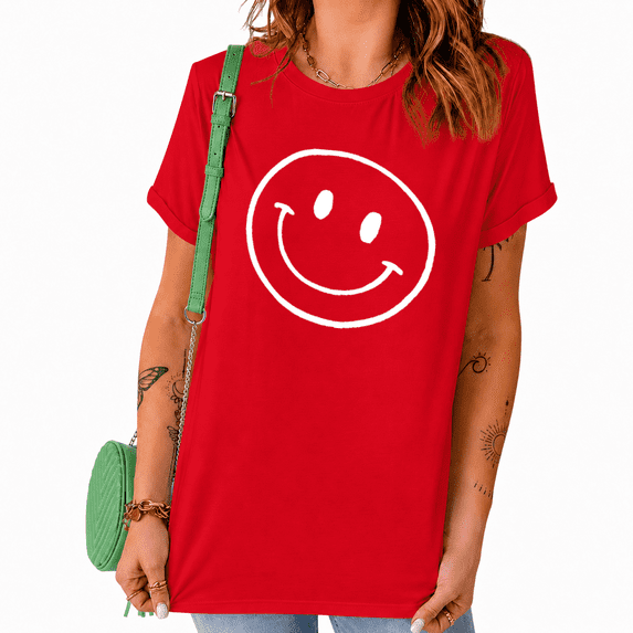 UNISHE Women's Minimalist Smiley Graphic Short Sleeve T-Shirts Red Bold Contrast Tops