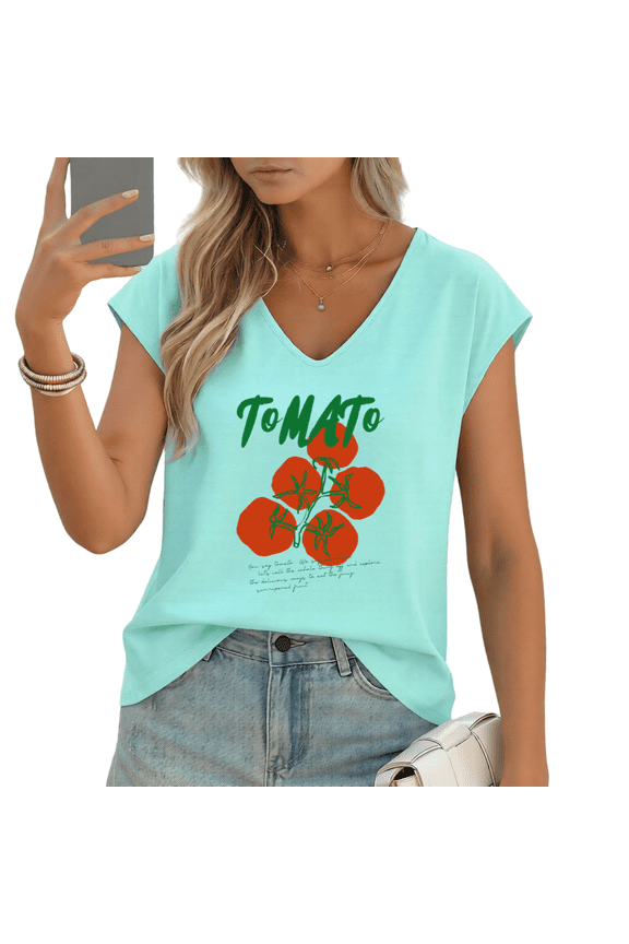 Women's Minimalist Tomato Vine "TOMATO" Quote V-Neck Sleeveless T-Shirt Casual Daily Tank Top