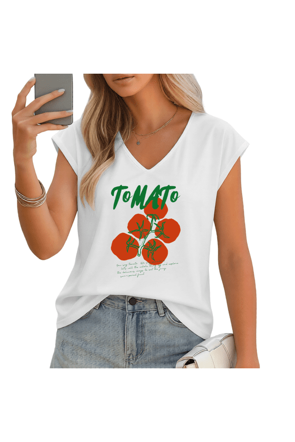 Women's Minimalist Tomato Vine "TOMATO" Quote V-Neck Sleeveless T-Shirt Casual Daily Tank Top