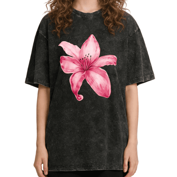 UNISHE Women's Minimalist Watercolor Pink Lily Vintage Washed T-Shirt Short Sleeve Oversized Fit Tee
