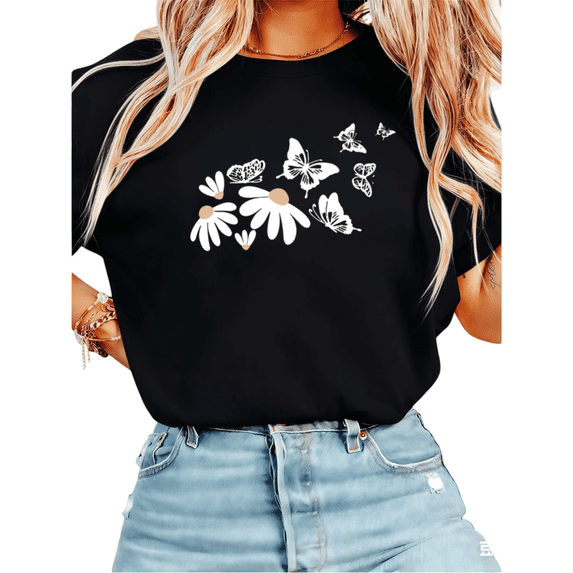 UNISHE Women's Minimalist White Daisies and Butterflies Graphic Short Sleeve T-Shirt Casual Cotton Crewneck Top