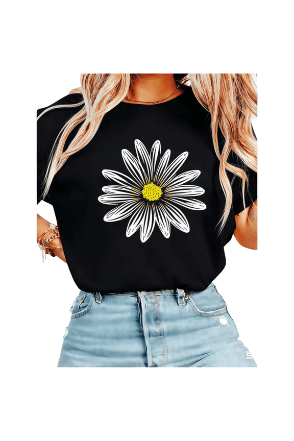 Women's Minimalist White Daisy Graphic Short Sleeve T-Shirt Soft Cotton Casual Tee