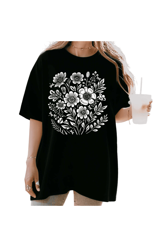 Women's Minimalist White Wildflower Bouquet Dragonfly Leaf Line Art Graphic Short Sleeve T-shirt Relaxed Fit