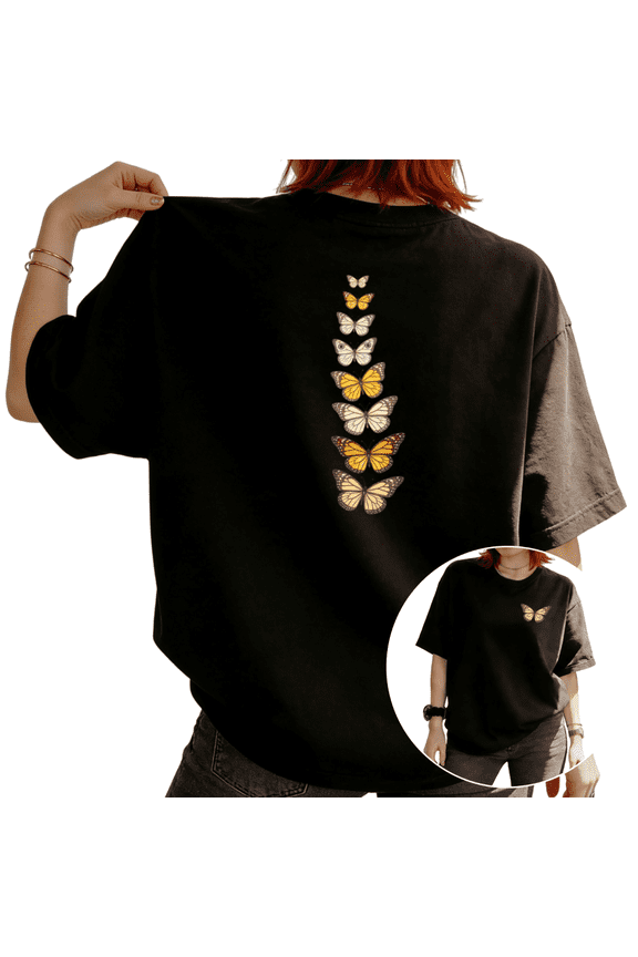 Women's Monarch Butterfly Stack Graphic Short Sleeve T-Shirt Casual Cotton Crewneck Top