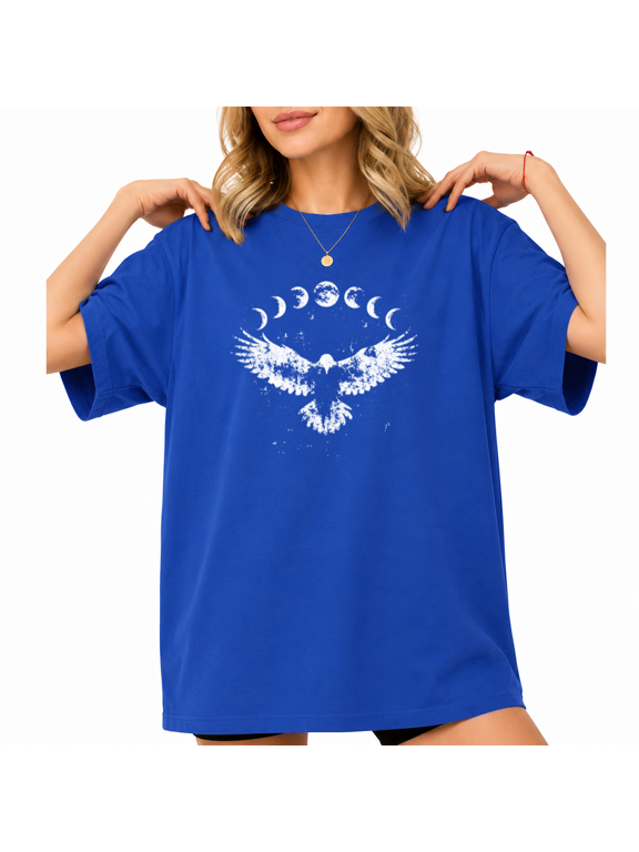 Women's Moon Bird Graphic Tee Mystical Distressed Short Sleeve Top Celestial Casual Everyday Wear