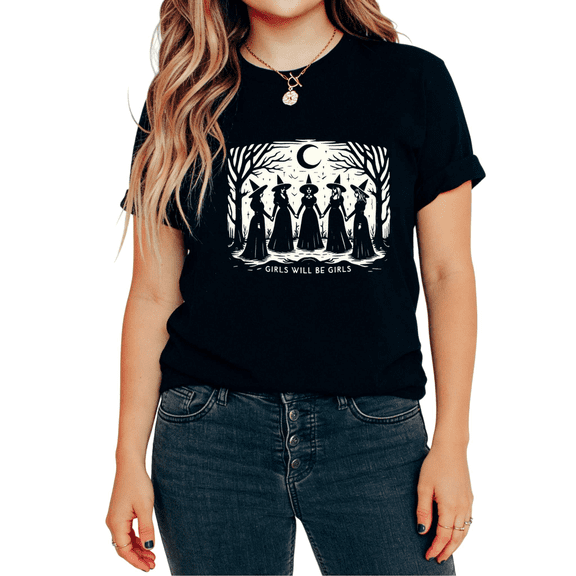 UNISHE Women's Moonlit Witch Silhouette Print T-Shirt Gothic Nightscape Short Sleeve Tee Streetwear Outfit Look