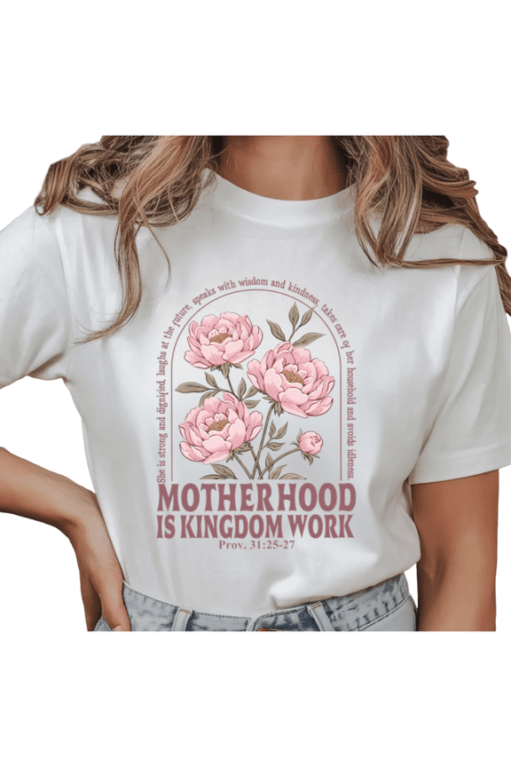 Women's "Motherhood Is Kingdom Work" Floral Graphic Short Sleeve T-Shirt Breathable Cotton Crewneck Top