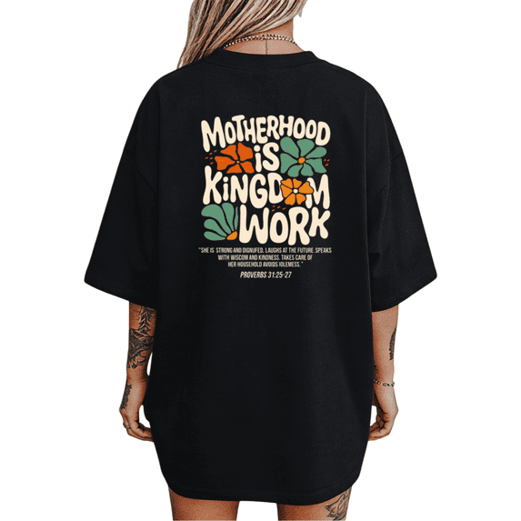 UNISHE Women's "Motherhood Is Kingdom Work Proverbs 31:25-27" Floral Christian Graphic Short Sleeve T-Shirt Cotton Crewneck Top