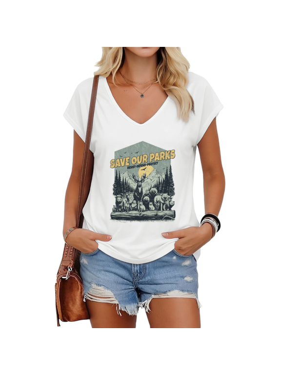 Women's Mountain Forest Deer Bear Wild Animal Group Save Our Parks Graphic V-Neck Short Sleeve T-Shirts National Park Environmental Outdoor Market Daily Outfit White S-5XL Tops