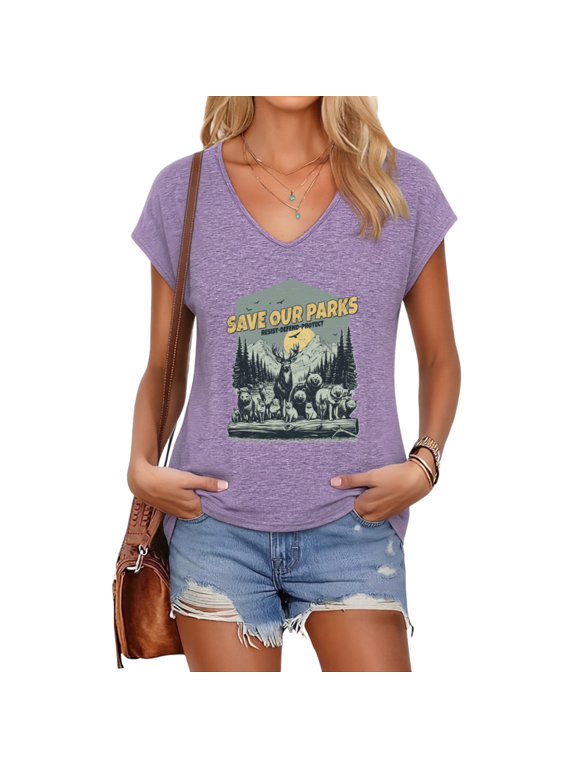 Women's Mountain Forest Deer Bear Wild Animal Group Save Our Parks Graphic V-Neck Short Sleeve T-Shirts National Park Environmental Outdoor Market Daily Outfit Purple S-5XL Tops