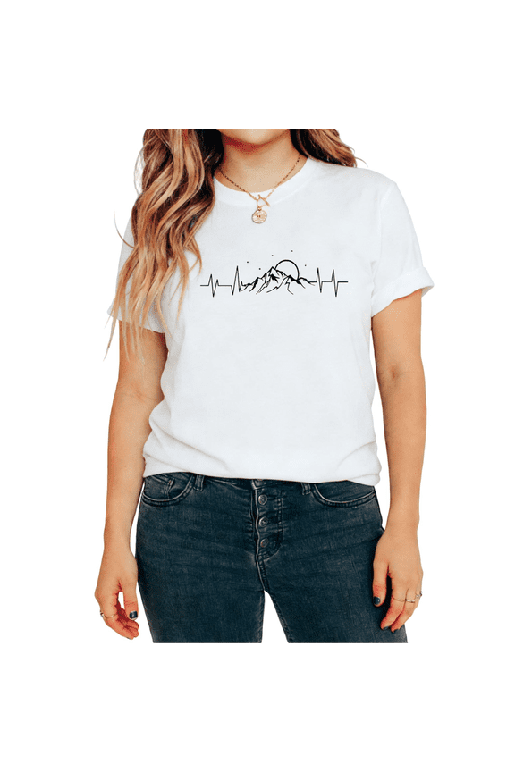 Women's Mountain Heartbeat Pulse Moon Star Outdoor Adventure Graphic Tops Short Sleeve T-Shirt softness