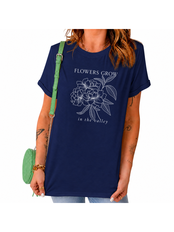 Women's Mountain Valley Line Floral Grow Bloom Quote Graphic Short Sleeve Crewneck Navy Blue Tops