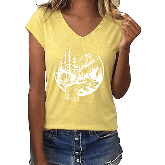 UNISHE Women's Mountain Waterfall Forest Scene Graphic V-Neck Short Sleeve T-Shirt Casual Outdoor Nature Tee