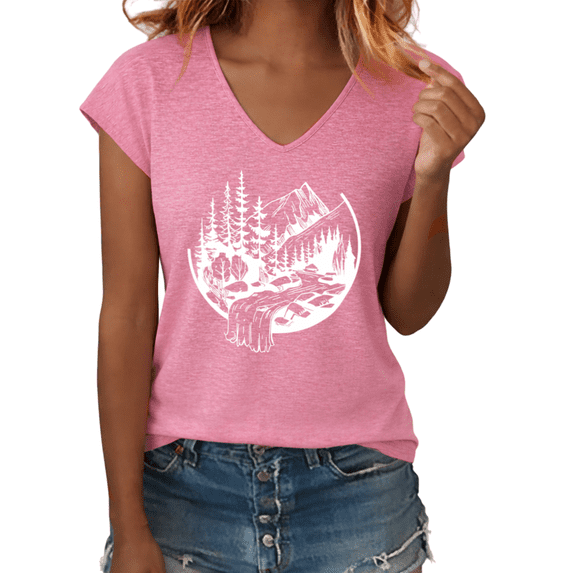 UNISHE Women's Mountain Waterfall Forest Scene Graphic V-Neck Short Sleeve T-Shirt Casual Outdoor Nature Tee