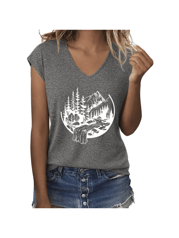 Women's Mountain Waterfall Forest Scene Graphic V-Neck Short Sleeve T-Shirt Casual Outdoor Nature Tee