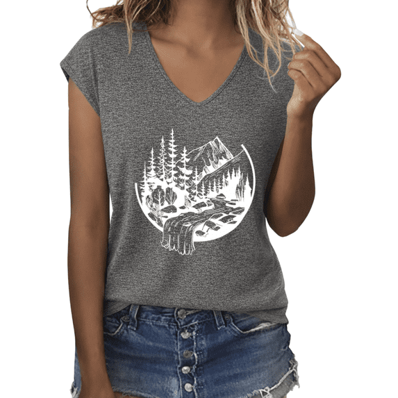 UNISHE Women's Mountain Waterfall Forest Scene Graphic V-Neck Short Sleeve T-Shirt Casual Outdoor Nature Tee
