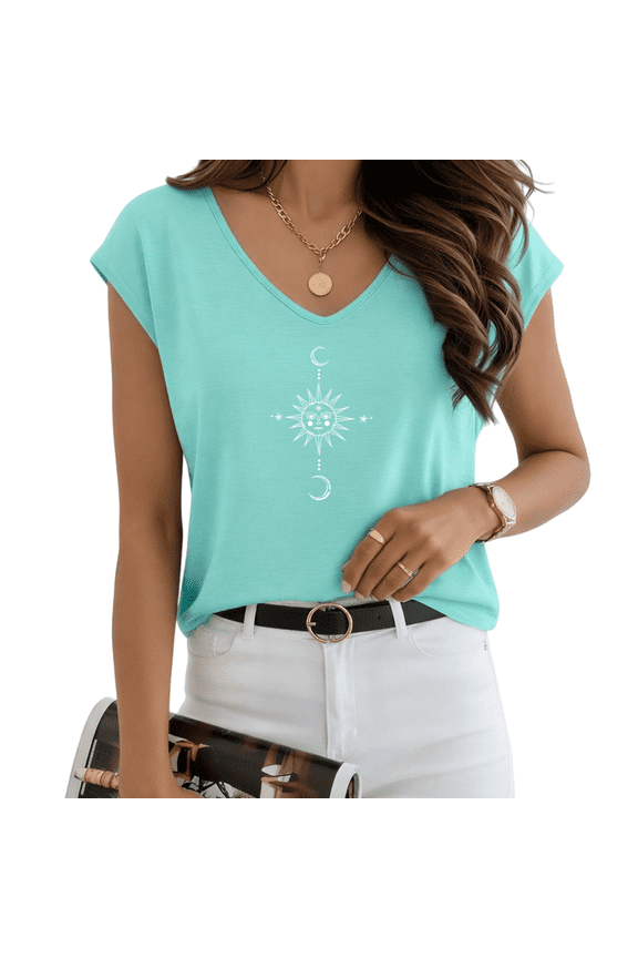 Women's Mystic Sun Moon Star Celestial Blue V-Neck Sleeveless T-Shirt S-5XL Stylish Daily Tank Top