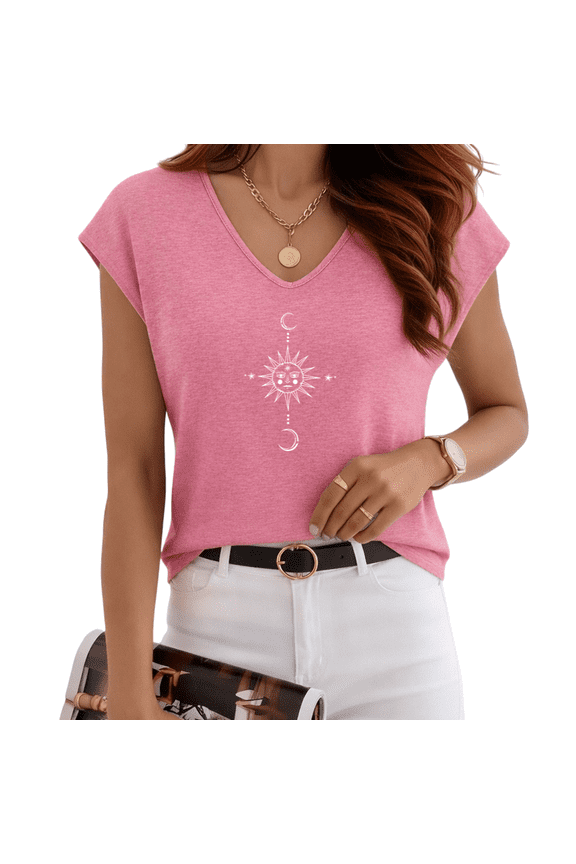 Women's Mystic Sun Moon Star Celestial Rose Red V-Neck Sleeveless T-Shirt S-5XL Stylish Daily Tank Top