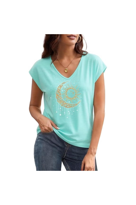 Women's Mystical Celestial Gold Sun Moon Graphic V Neck Short Sleeve T-Shirt Casual Summer Tees