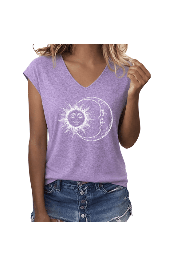 Women's Mystical Sun Moon Face Celestial Graphic V-Neck Short Sleeve Casual Boho Aesthetic Daily T-Shirt Top