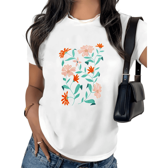 UNISHE Women's Nature Floral T-Shirt Wildflower Orange Pink Short Sleeve Crewneck Top S-5XL