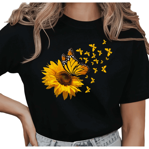 UNISHE Women's Nature Lover Sunflower and Butterfly Graphic Short Sleeve T-Shirt Casual Cotton Crewneck Top