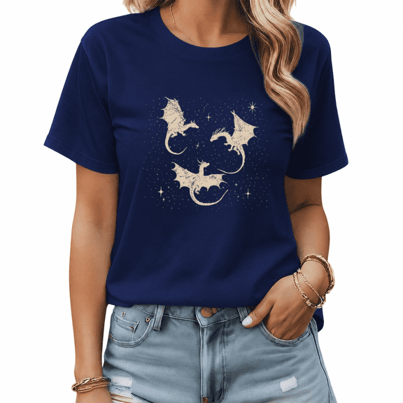 UNISHE Women's Navy Blue Celestial Dragon Graphic Short Sleeve T-Shirt Summer Daily Top