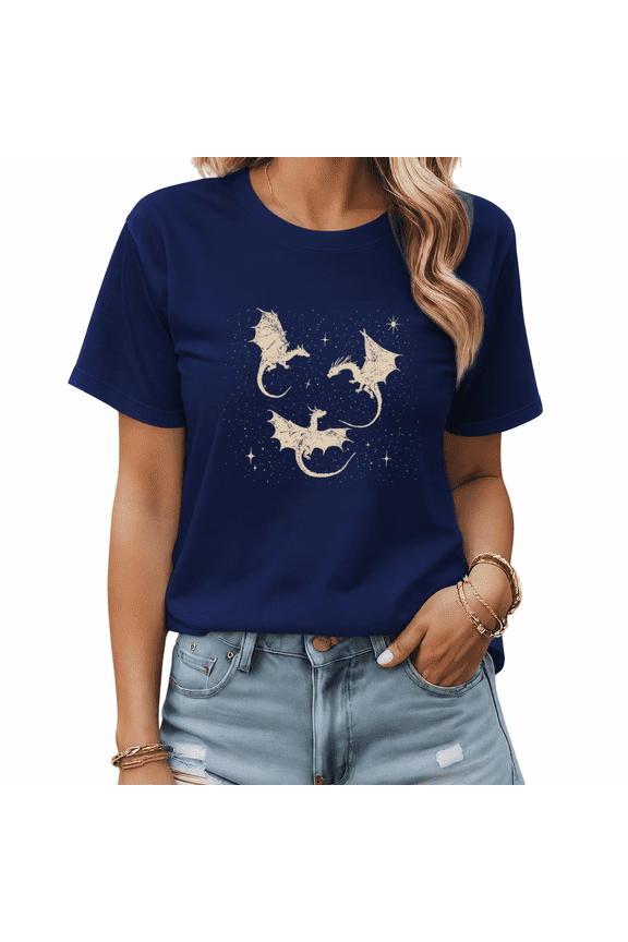 Women's Navy Blue Celestial Dragon Graphic Short Sleeve T-Shirt Summer Daily Top