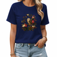 thumbnail image 1 of UNISHE Women's Navy Blue Floral Owl Graphic Short Sleeve T-Shirt Cotton Crewneck Top, 1 of 5