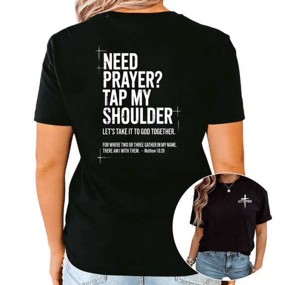 UNISHE Women's Need Prayer Tap My Shoulder Matthew 18:20 Christian Graphic Short Sleeve Crewneck T-Shirt Religious Casual Top