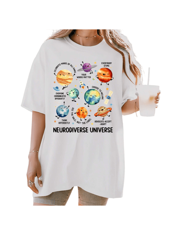 Women's "Neurodiverse Universe" Planets Graphic Short Sleeve T-Shirt Breathable Cotton Crewneck Top