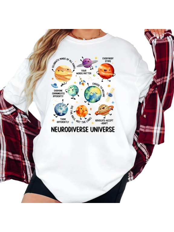 Women's "Neurodiverse Universe" Planets Graphic Short Sleeve T-Shirt Breathable Cotton Crewneck Top