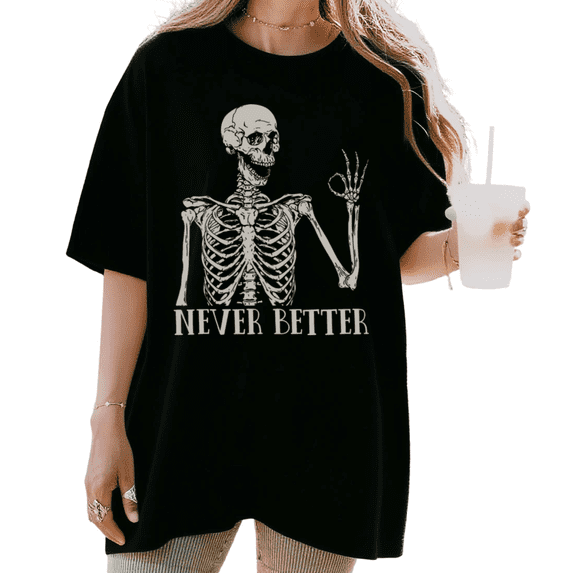 UNISHE Women's "Never Better" OK Hand Skeleton Graphic Short Sleeve T-Shirt Breathable Casual Crewneck Top