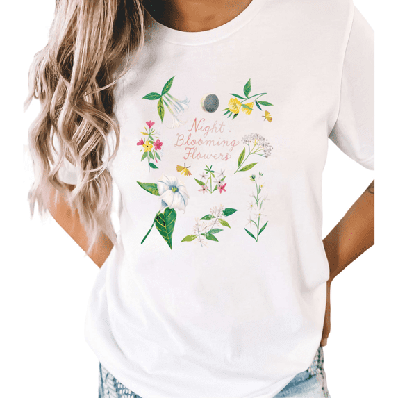 UNISHE Women's Night Blooming Flowers Moon Graphic White Short Sleeve T-Shirt Casual Cotton Crewneck Top