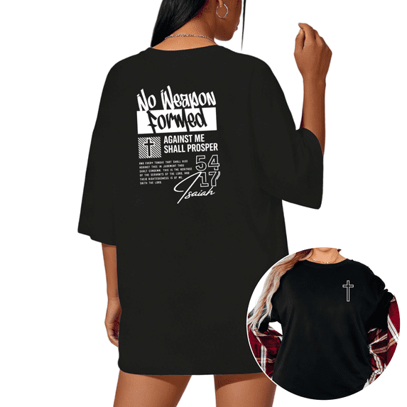 UNISHE Women's "No Weapon Formed" Isaiah 54:17 Christian Graphic Black Short Sleeve T-Shirt Holiday Casual S-5XL Top