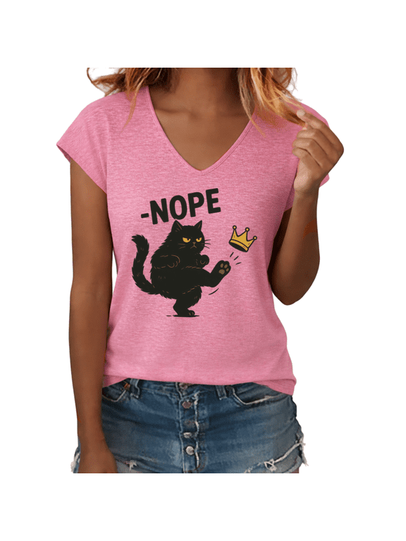 Women's Nope Sassy Black Cat Kick Crown Funny Graphic V-Neck Short Sleeve Casual Humor Pet Lover T-Shirt Top