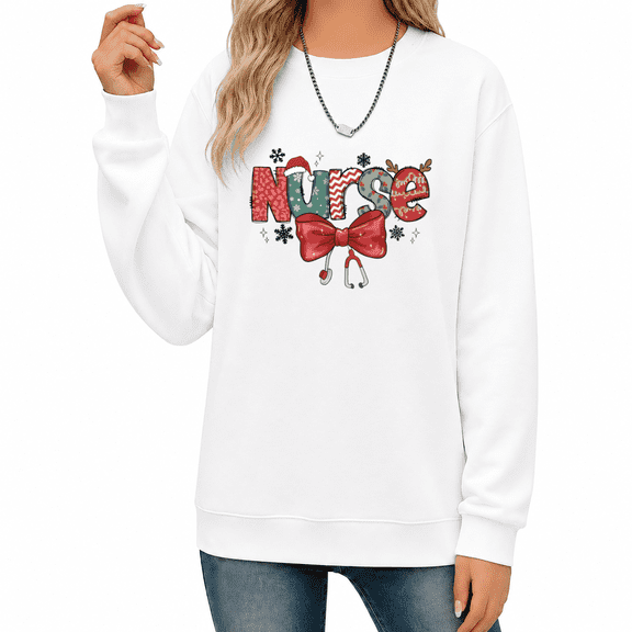 UNISHE Women's Nurse Christmas Letter Print Graphic Sweatshirt Festive Long Sleeve Crewneck Casual Pullover