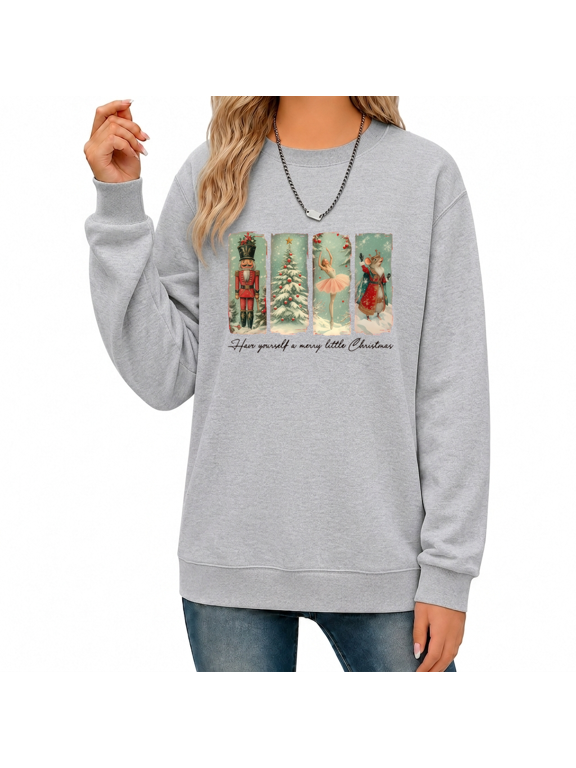 Women's Nutcracker Christmas Collage Print Graphic Sweatshirt Vintage Festive Holiday Crewneck Pullover