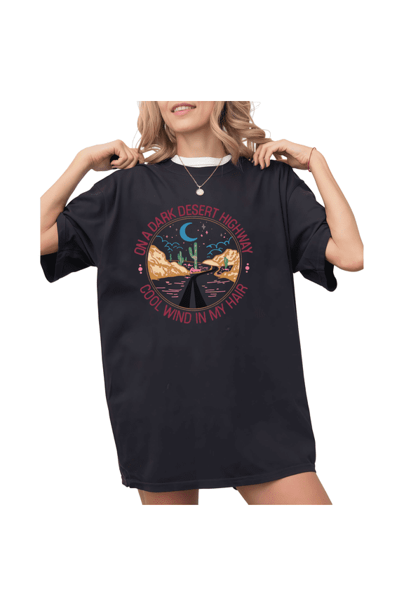 Women's "On A Dark Desert Highway" Retro Desert Graphic Black Short Sleeve T-Shirt Holiday Casual S-5XL Top