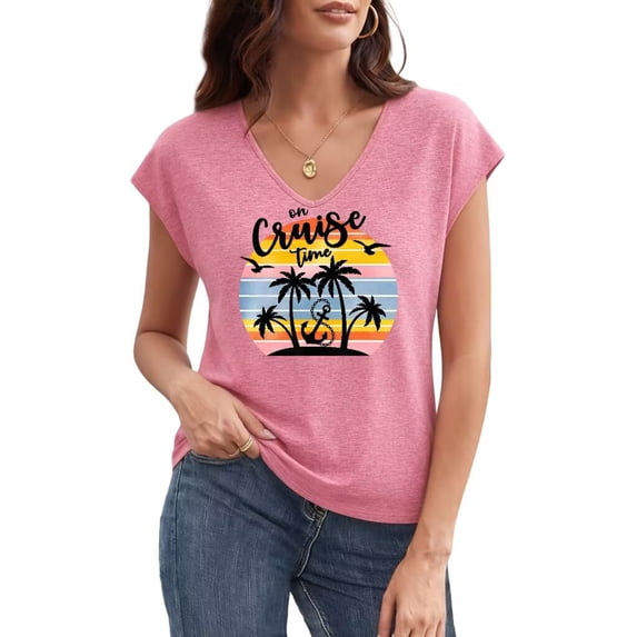 UNISHE Women's On Cruise Time Tropical Sunset Palm Tree Anchor Graphic V Neck Short Sleeve T-Shirt Casual Tees