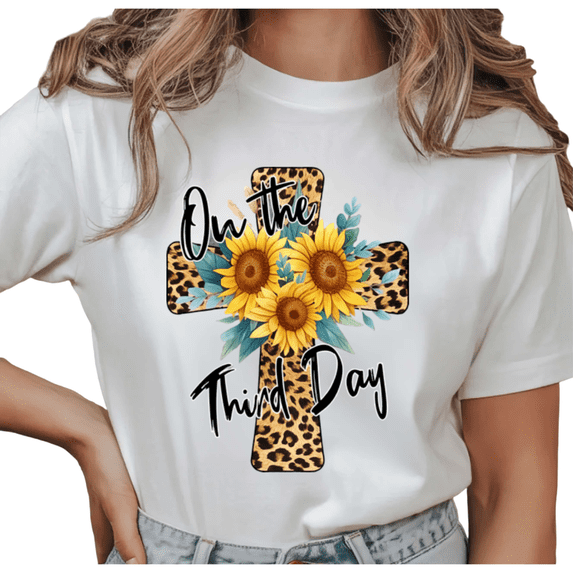 UNISHE Women's "On the Third Day" Leopard Cross with Sunflowers Christian Graphic Short Sleeve T-Shirt Cotton Crewneck Top