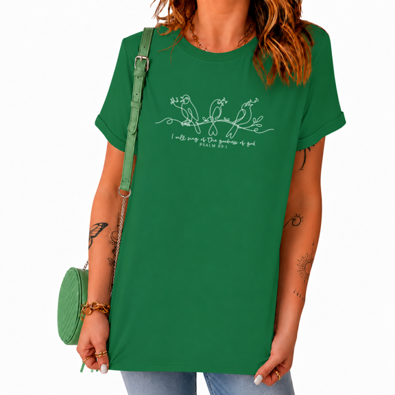 UNISHE Women's One Line Bird Branch Psalm 89 1 Sing Goodness God Faith Graphic Short Sleeve Crewneck Green Tops
