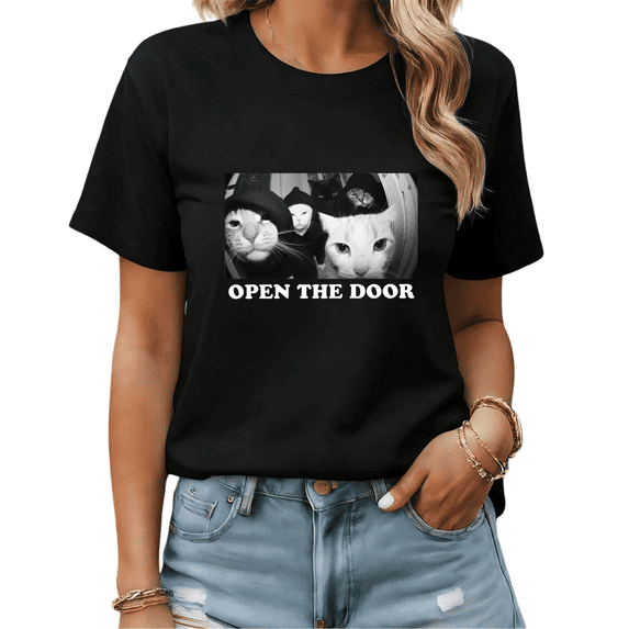 UNISHE Women's "Open The Door" Funny Gangster Cats Graphic Short Sleeve T-Shirt Casual Crewneck Top