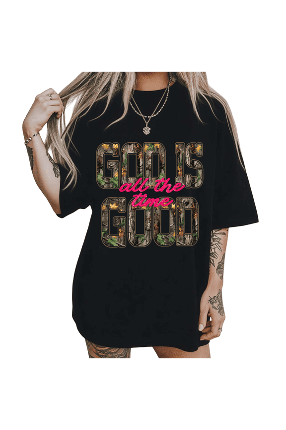Women's Outdoor Camo Leaf God Is Good Faith Text Graphic Short Sleeve Crewneck Black Tops